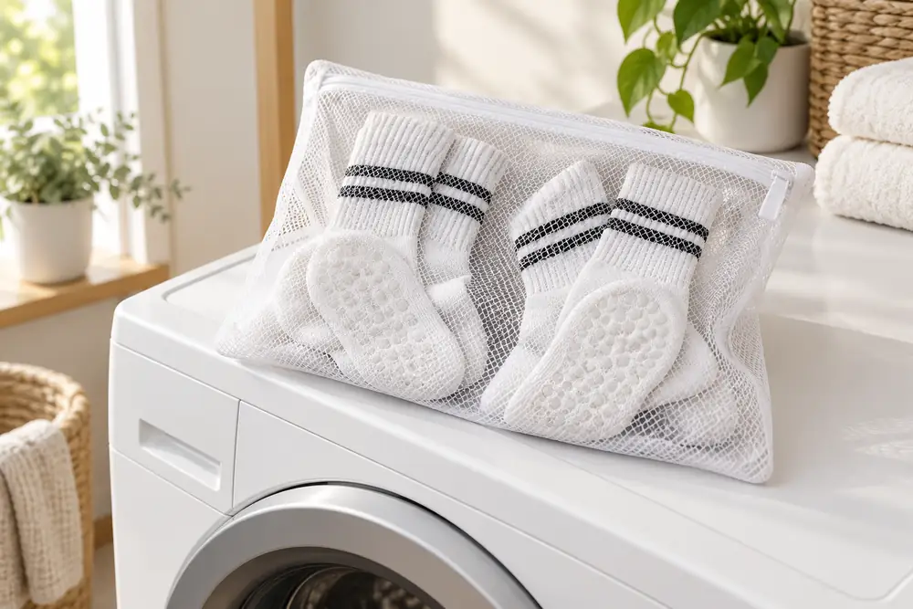 Grip socks turned inside out in a mesh laundry bag, washing machine in the background