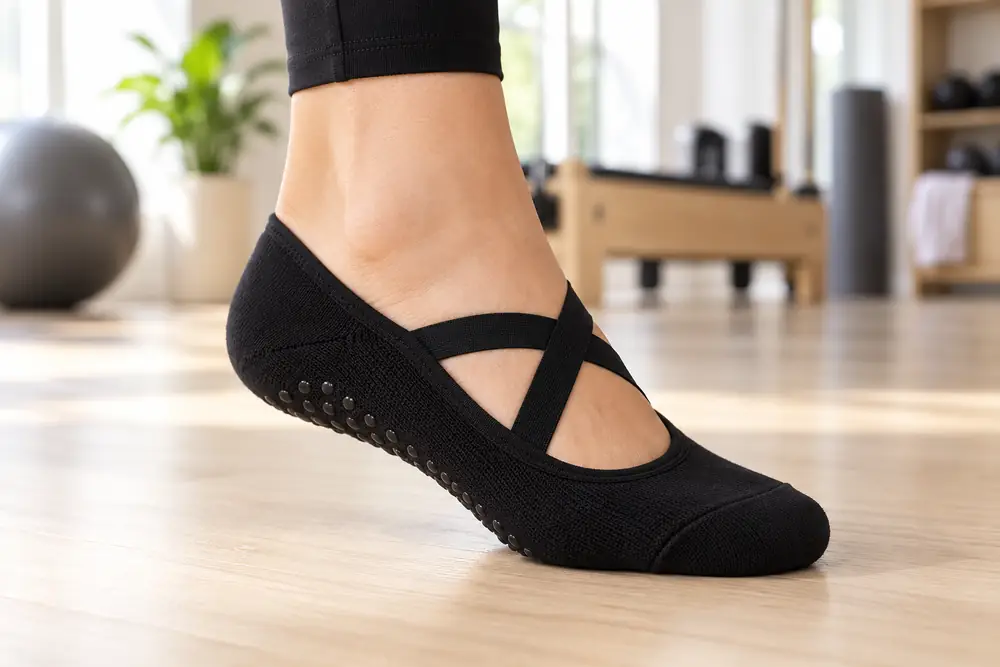 Cross straps of the ballet sock over the top of the foot, toes and heel covered