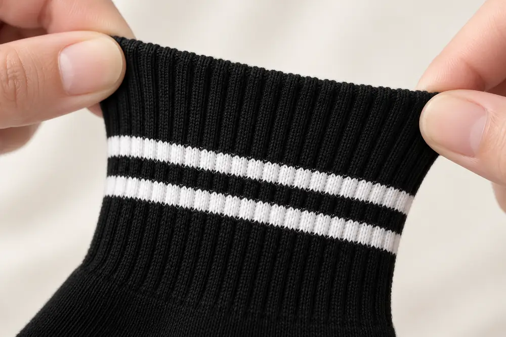 Ribbed cuff of the crew sock stretched between two fingers, knit texture visible