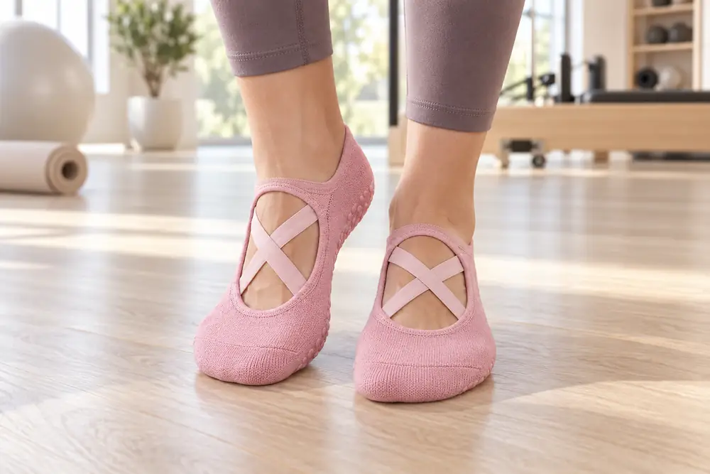 Pink ballet grip sock worn on the mat, cross straps over the instep