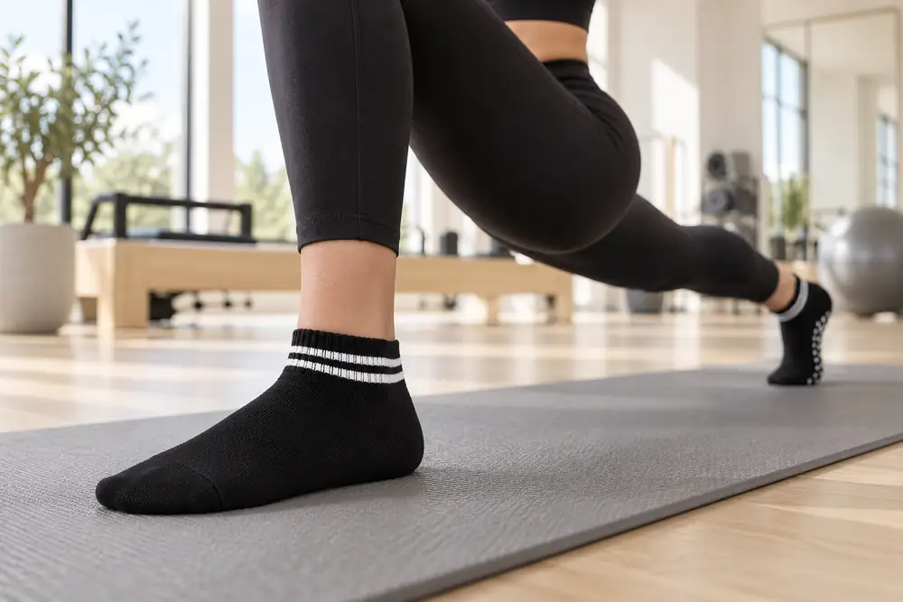 Foot in a black ankle Pilates sock pressing into a mat during a lunge