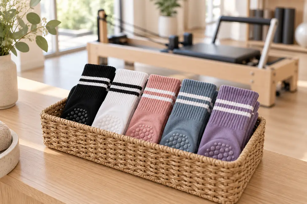 Basket of assorted grip sock pairs at a studio front desk, light wood