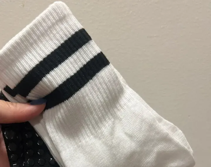 Crew Pilates grip socks photographed by Katie L., verified buyer