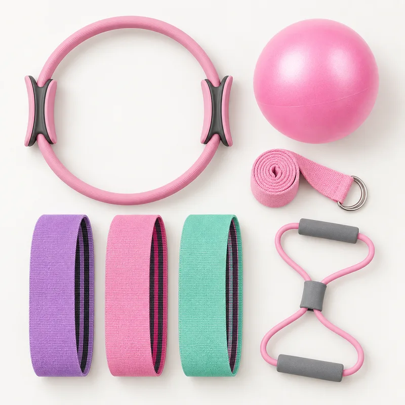PIVELYA Pilates kit laid flat: pink ring, ball, stretch strap, three hip resistance bands and a figure-8 expander