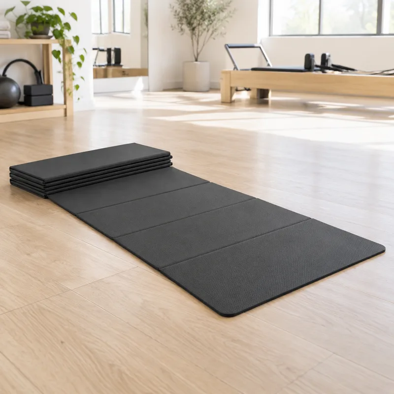 PIVELYA folding Pilates mat in black, half unfolded on a light wood floor